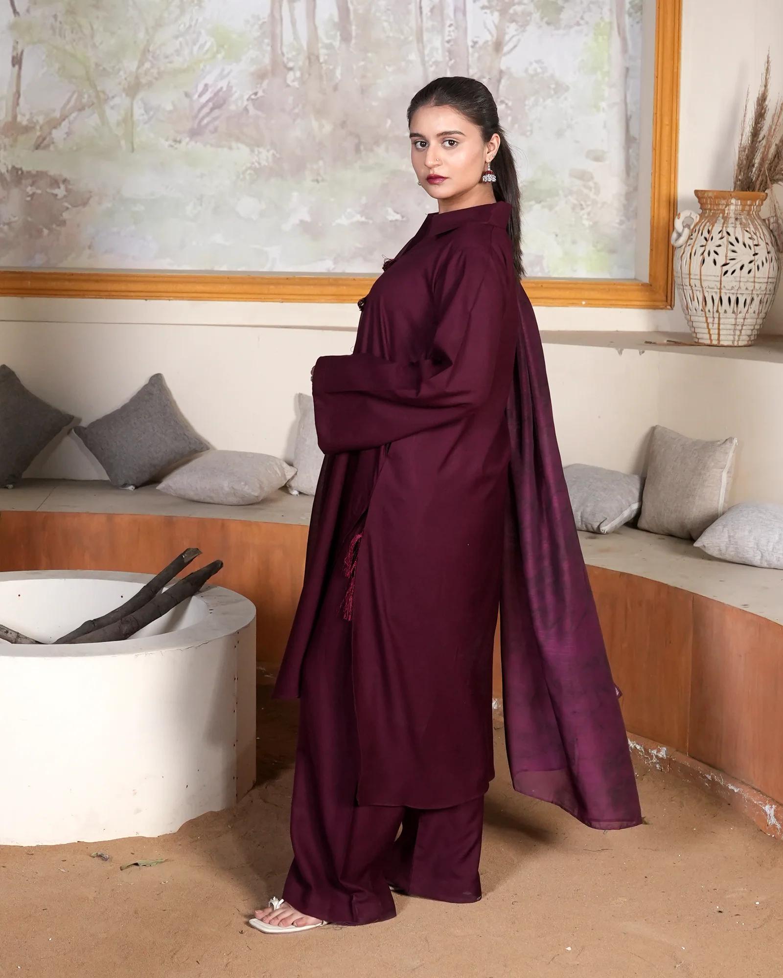 SOLID MEHROON DHANAK SET - Desi Rang