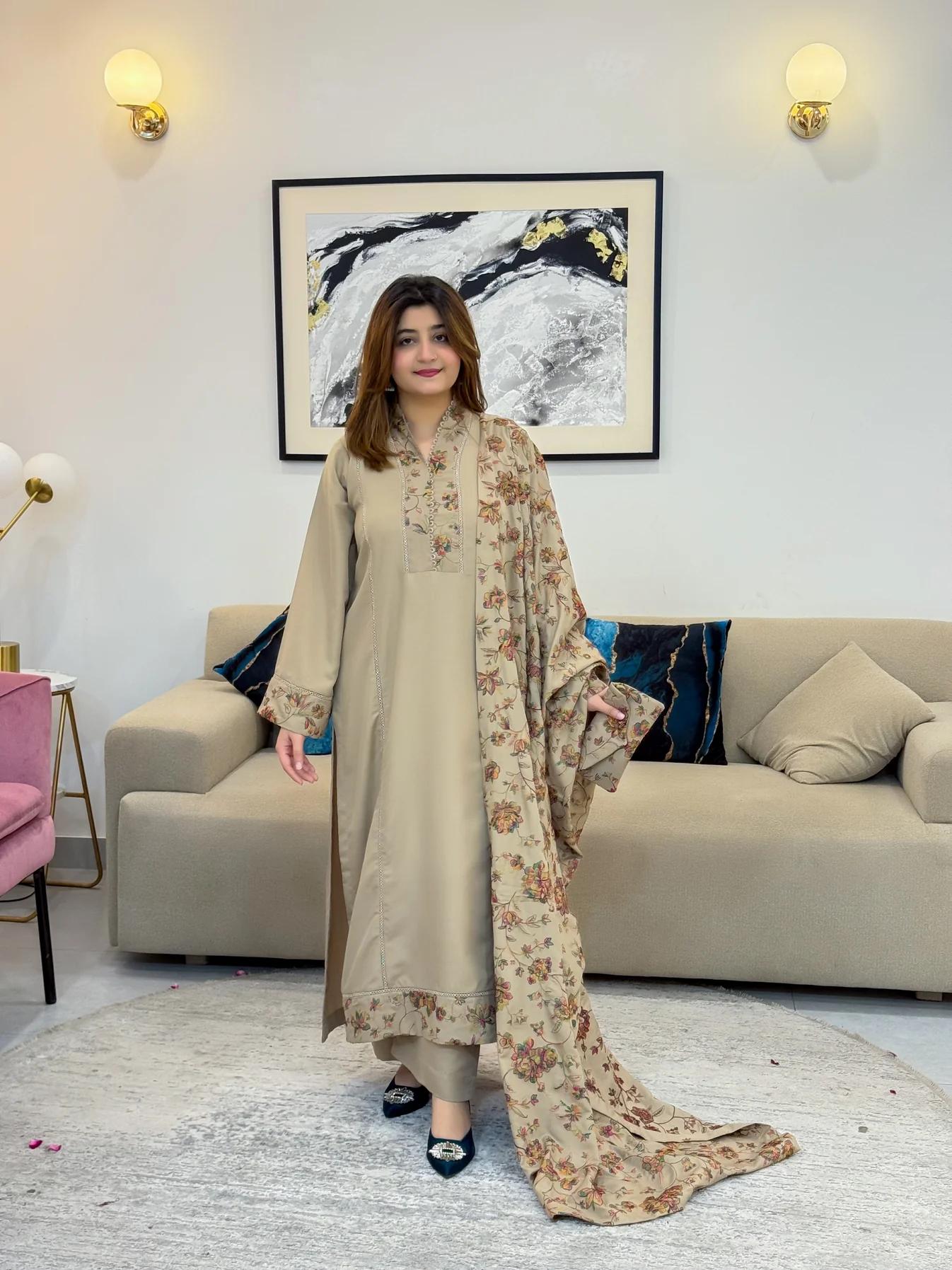 WASLE DHANK HEAVY EMB SHAWL 3PC - Desi Rang