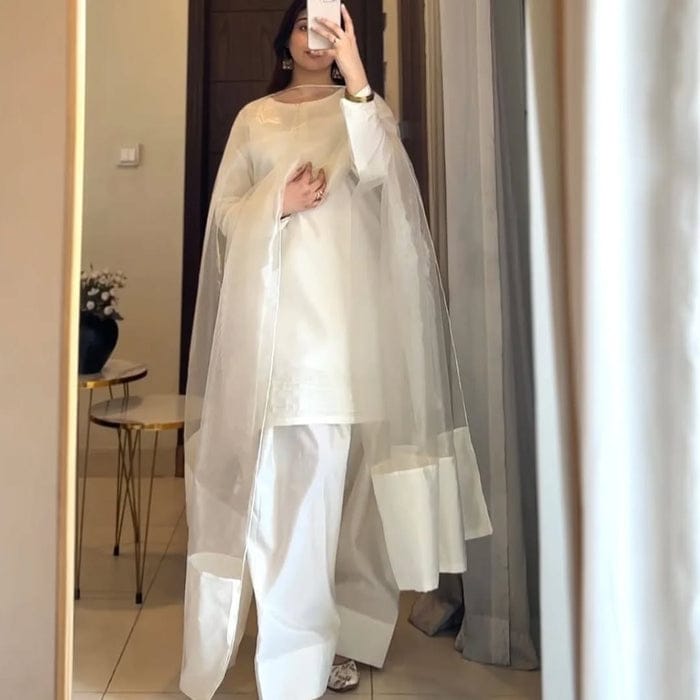 SILK WHITE LUXURY 3PC WITH FARSHI SHALWAR - Desi Rang