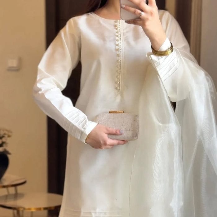 SILK WHITE LUXURY 3PC WITH FARSHI SHALWAR - Desi Rang